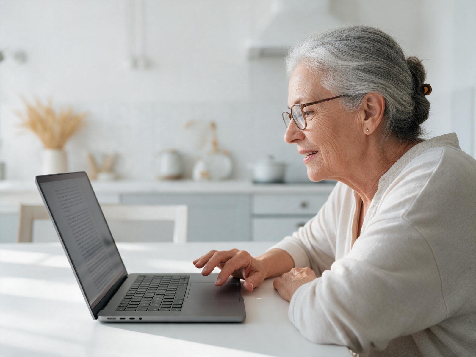 An older woman with glasses reading text on a laptop at her kitchen table